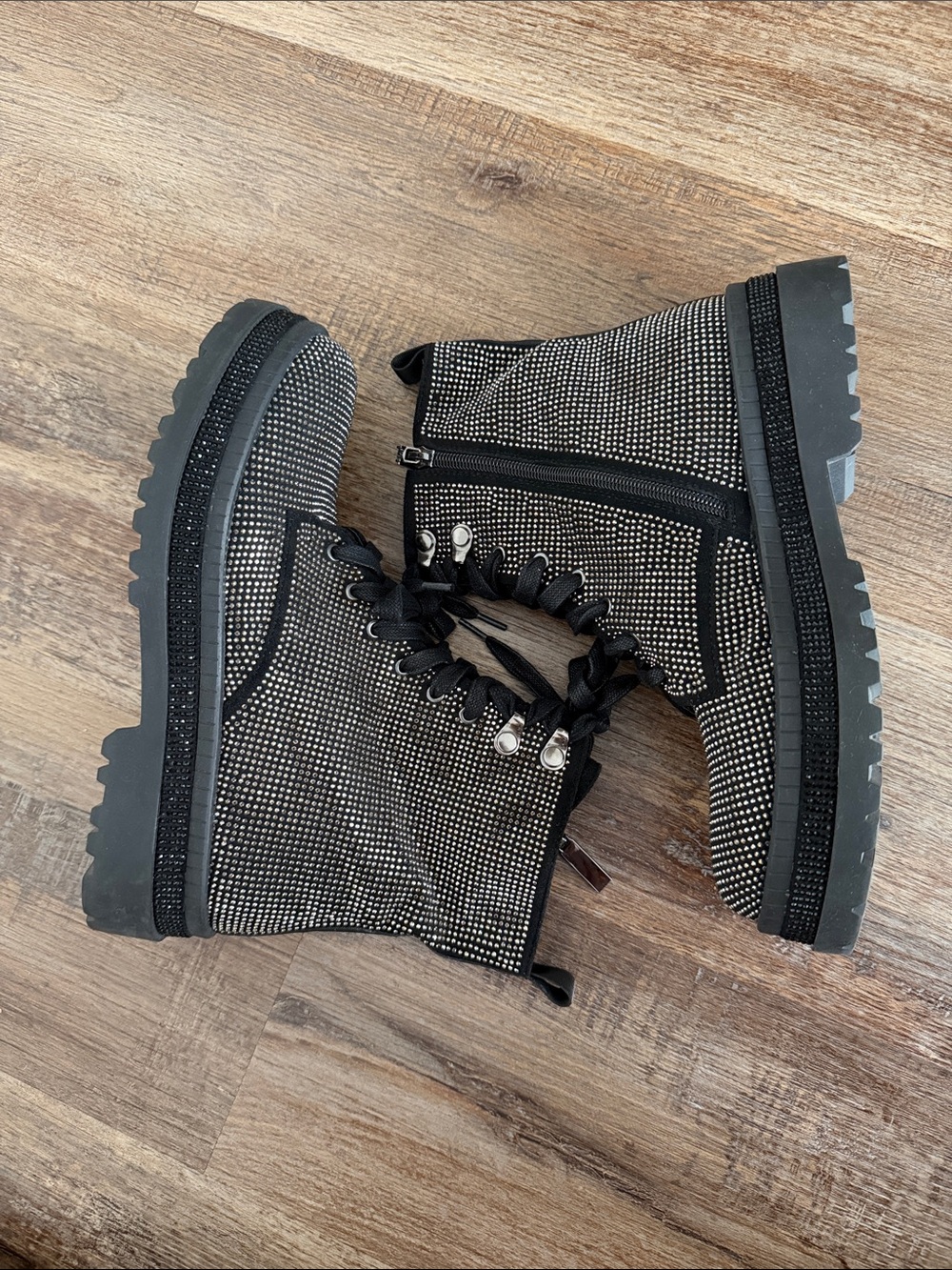 Women's Black Rhinestone Combat Boots